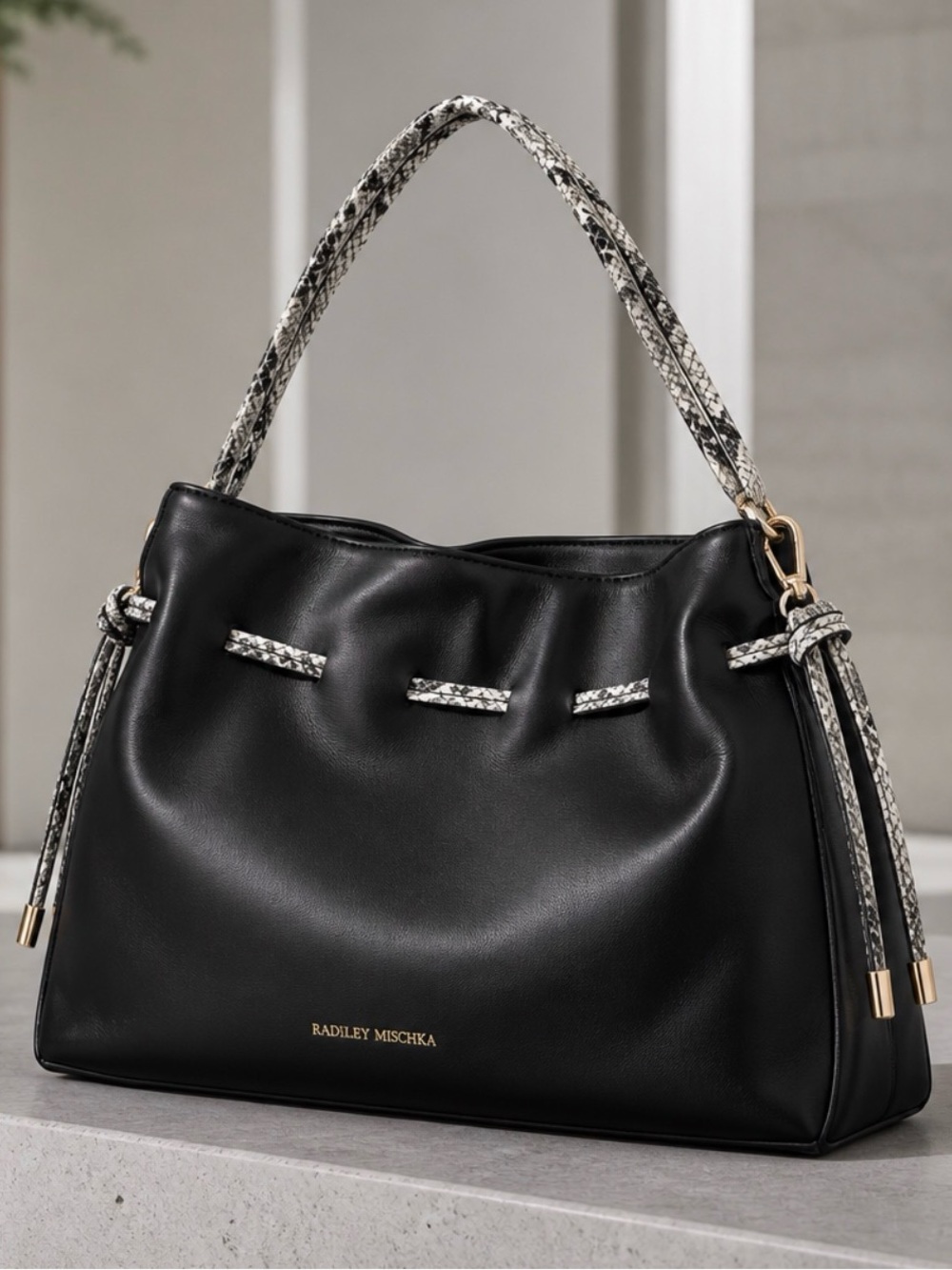 Badgley Mischka Black Shoulder Bag with White Snake-Print Accents NWT
